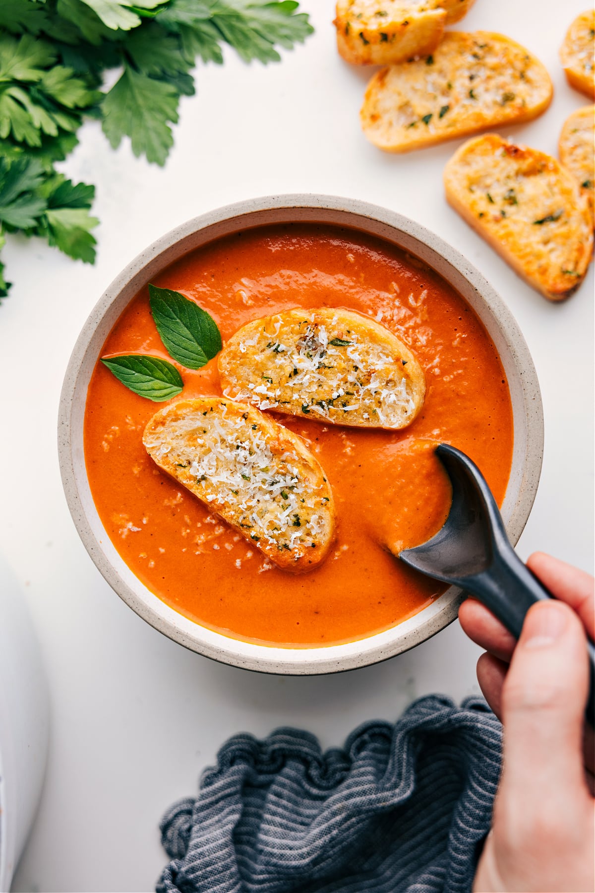 Kelsey Nixon's Best Tomato Pesto Soup with Cheesy Croutons